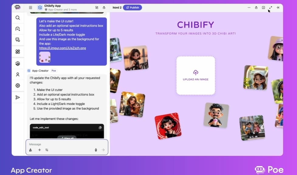 عرض توضيحي لإنشاء تطبيق Chibify: إدخال طلبات تصميم الواجهة، مع صورة لتكون خلفية.