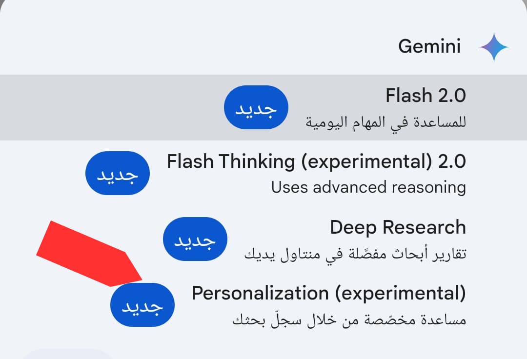 Gemini Personalization Experiment ضمن خيارات النماذج المتاحة في موقع جيميني عبر الويب